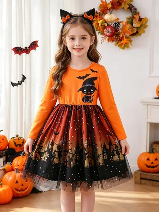 Girls' Halloween Long‑Sleeve Dress, Black Cat & Bat Print, Castle Tulle Puffy Skirt, Kids' Party Performance Princess Dress
