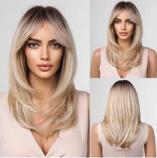 

Long Blonde Wigs for Women Synthetic Hair Wig with Fringe Ombre Color with Dark Roots Layered Wigs Heat Resistant