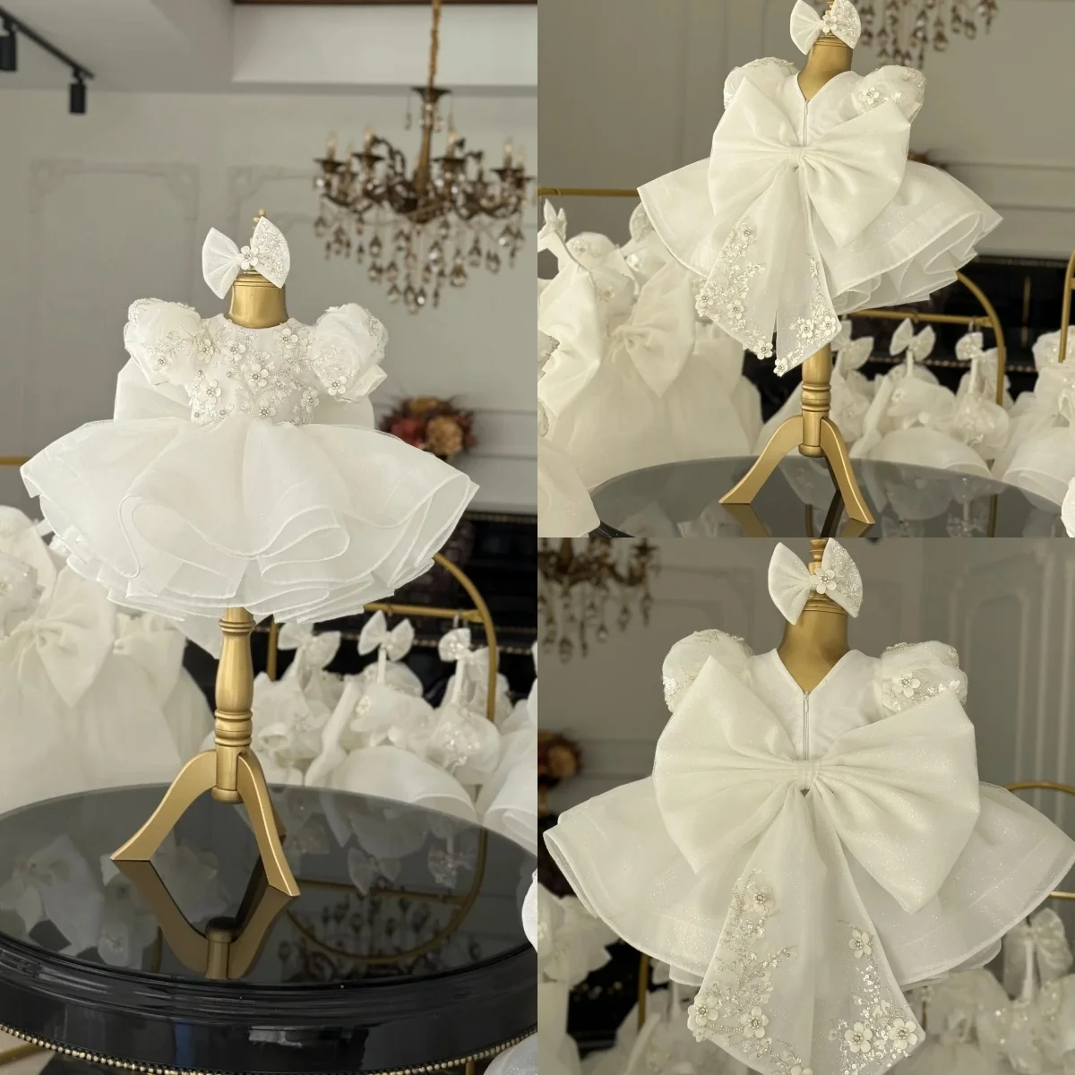 Customized White Flower Girl Dresses for Wedding With Bow Lace Appliques Short Sleeves First Communion Kids Birthday Party Gowns