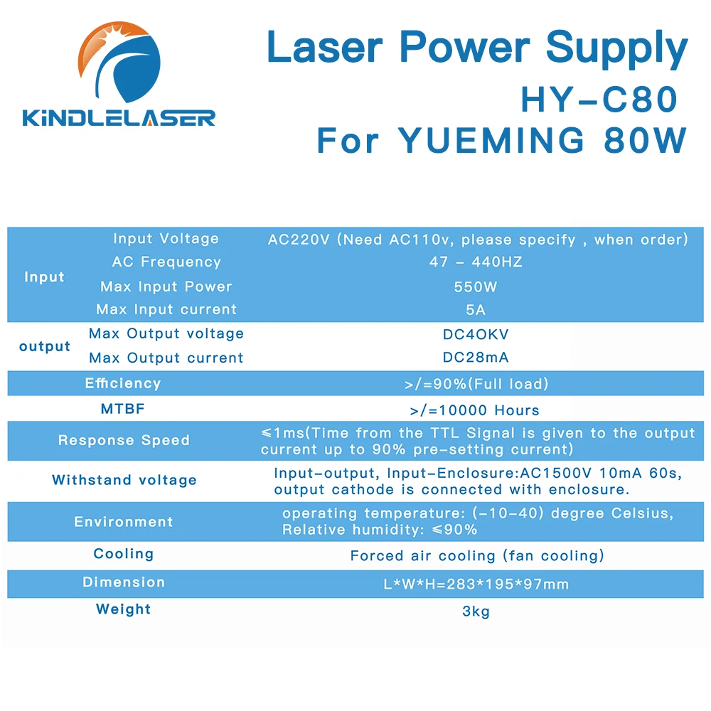 KINDLELASER HY-C80 CO2 Laser Power Supply 80W For YUEMING Engraving / Cutting Machine