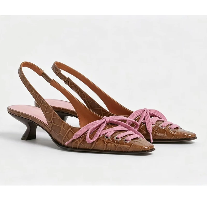 Brown Slingback Square Toe Lace Up Cat Heels Sandals Woman Summer 2026 Low Heel Mules Sandals Elegant Party Dress Pumps