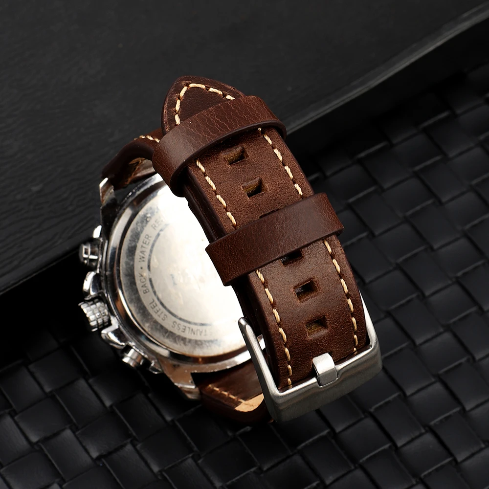 20mm 22mm Vintage Leather Rivets Watch Band Strap Coffee Brown Watchband Stainless Steel Buckle Wrist Belt Bracelet for Men