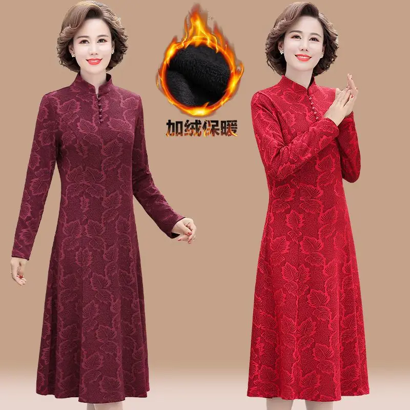 

Женское винтажное длинное платье высокого качества, осенне-зимнее термоплатье на флисовой подкладке, женские юбки среднего возраста для пожилых женщин C225