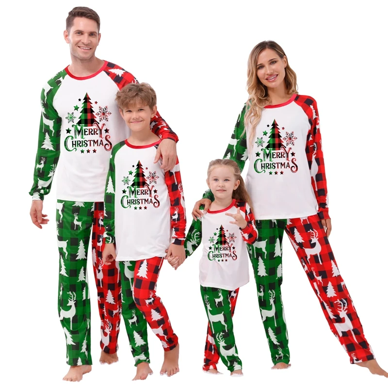 Christmas Family Pajamas Matching Set Reindeer Print Long Sleeve Tops and Striped Pants Sleepwear for the Holidays