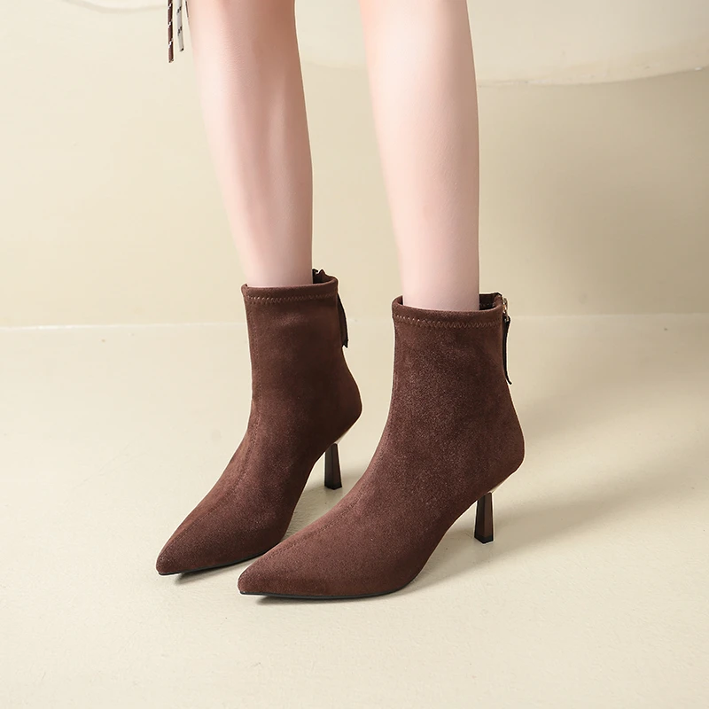 2025Vintage Scrub Stiletto Booties Fashion Pointed Toe Rear Zipper Non-Slip Wear-Resistant Heels