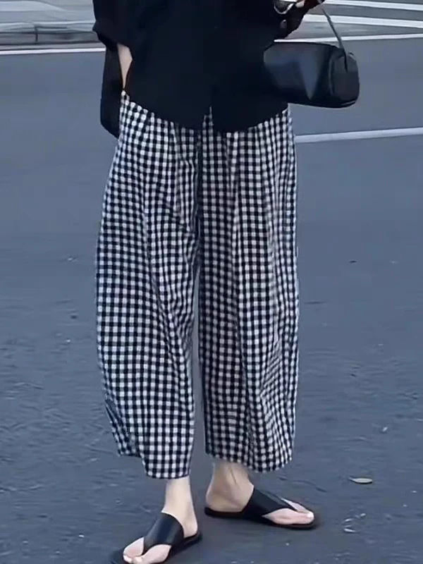 

Женские летние повседневные брюки в стиле ретро больших размеров, свободные, в клетку, из хлопка и льна, укороченные, с высокой талией, широкие штанины, с эффектом похудения