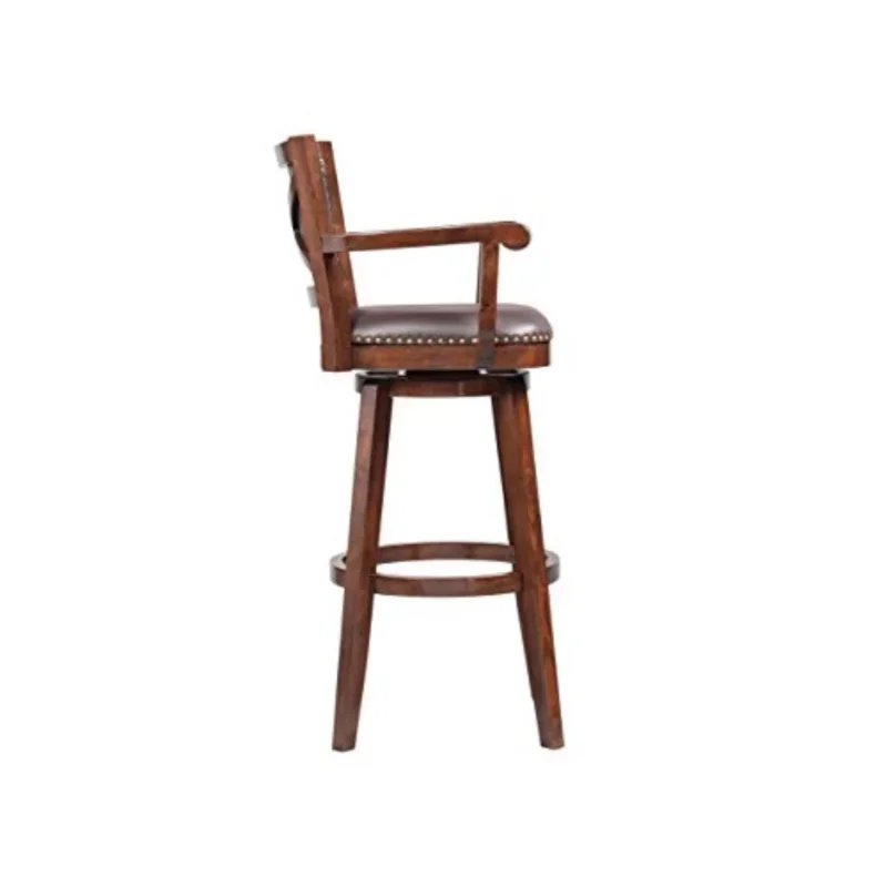 High Back Swivel Wood Bar Stool com braços, acabamento Cappuccino, bancada para cozinha, altura extra de barra alta, 34"