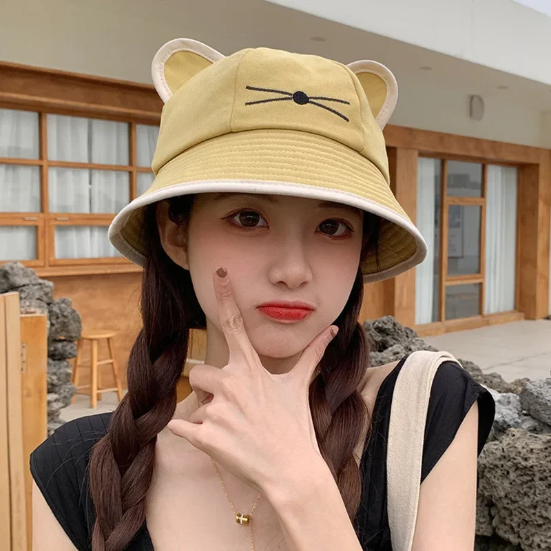 New Bucket Hats for Women Fashion Cute Cat Ears Spring Summer Fishman Hat Girls Travel Beach Panama Cap Casual Visor Sun Hat