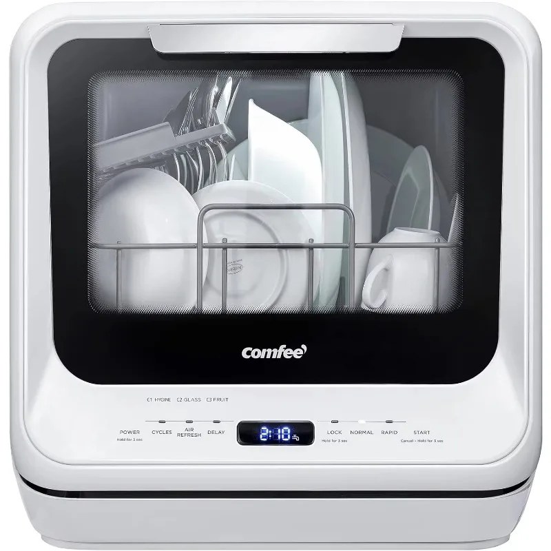 COMFEE' Portable Dishwasher Countertop with 5L Built-in Water Tank, 6 Programs, 360° Dual Spray, 192℉ High-Temp&Air-Dry Function