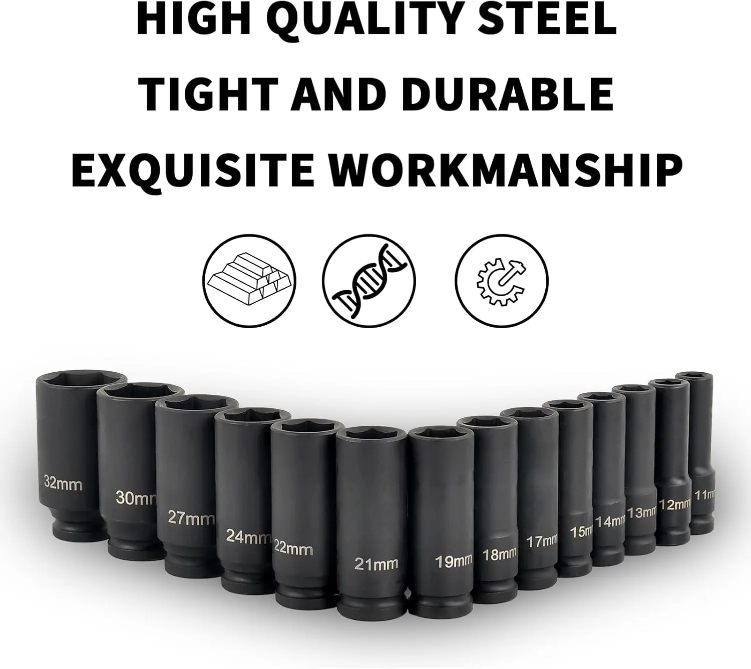 1/2-Zoll-Schlagschraubenschlüssel-Set, 10-20-teilig, 8-32mm Metrische Größen, Kohlenstoffstahl-Schlagschraubenschlüssel-Set mit Robuster Aufbewahrungsbox – Detail 5