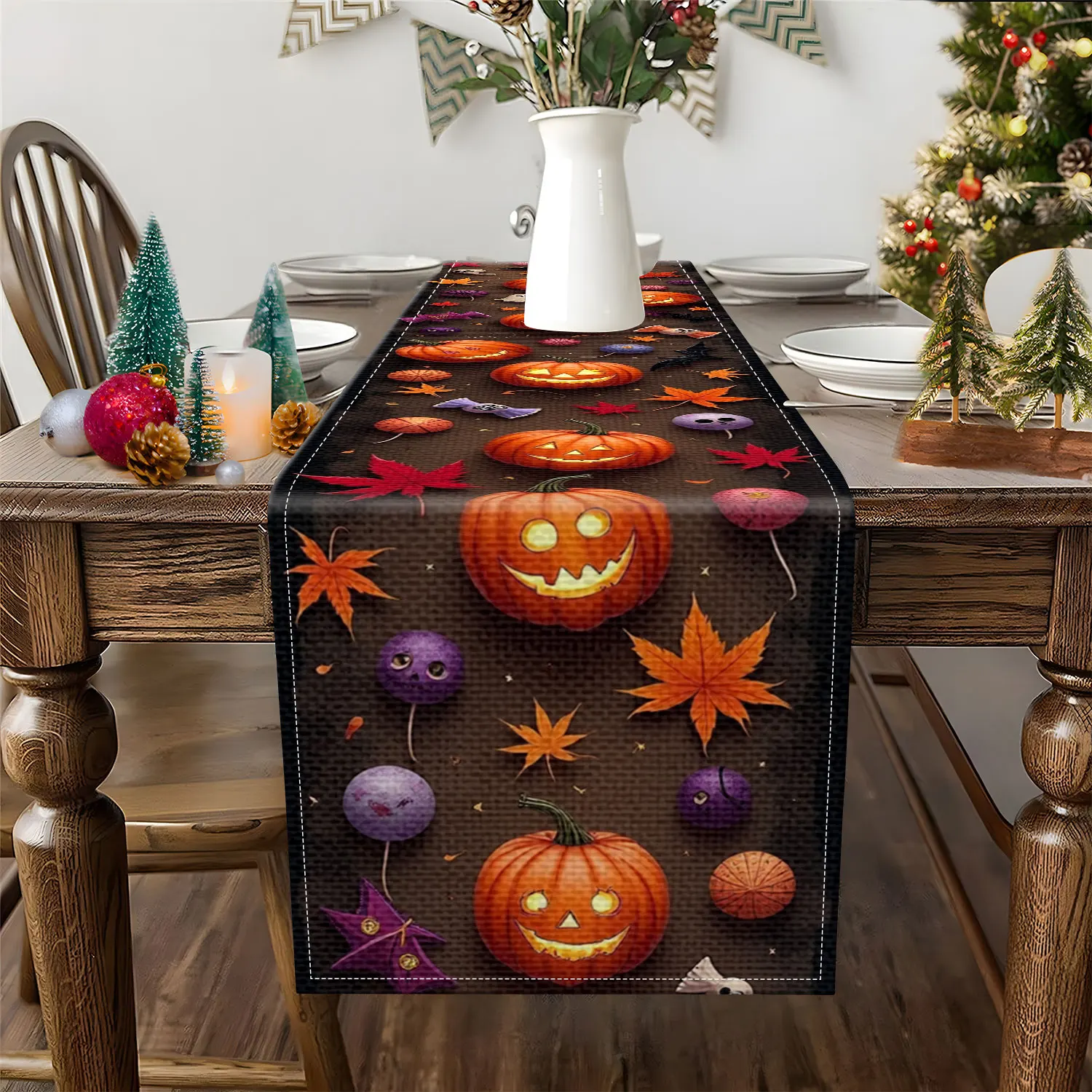 1 Halloween-Themed Table Runner with Patterns of Pumpkins, Maple Leaves, Purple Skulls, Ghosts, Etc., Suitable for Halloween Parties and Holiday Decorations