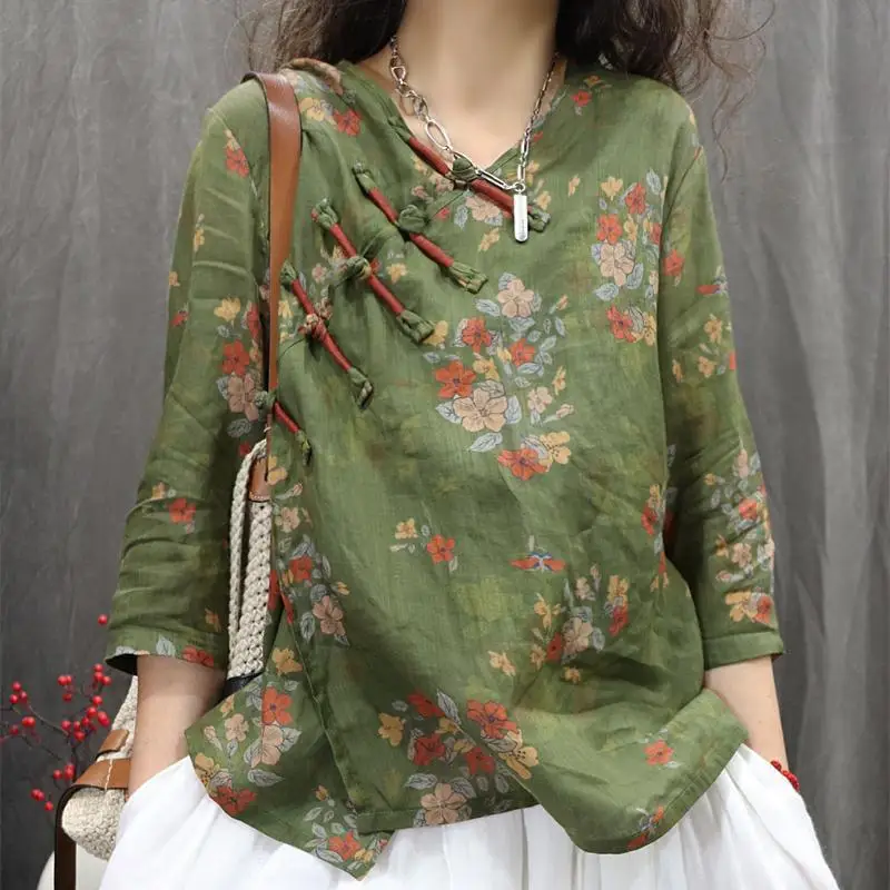 

Весна-лето, женская свободная рубашка с рукавом 3/4, v-образным вырезом, ручная работа, пуговицы, винтажная блузка с принтом Рами, топы, высокое качество 2321