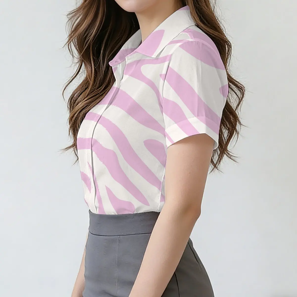 Women's short-sleeve shirt with pink-and-white zebra stripes, sweet,distinctive,lively and eye-catching,suitable for campus wear