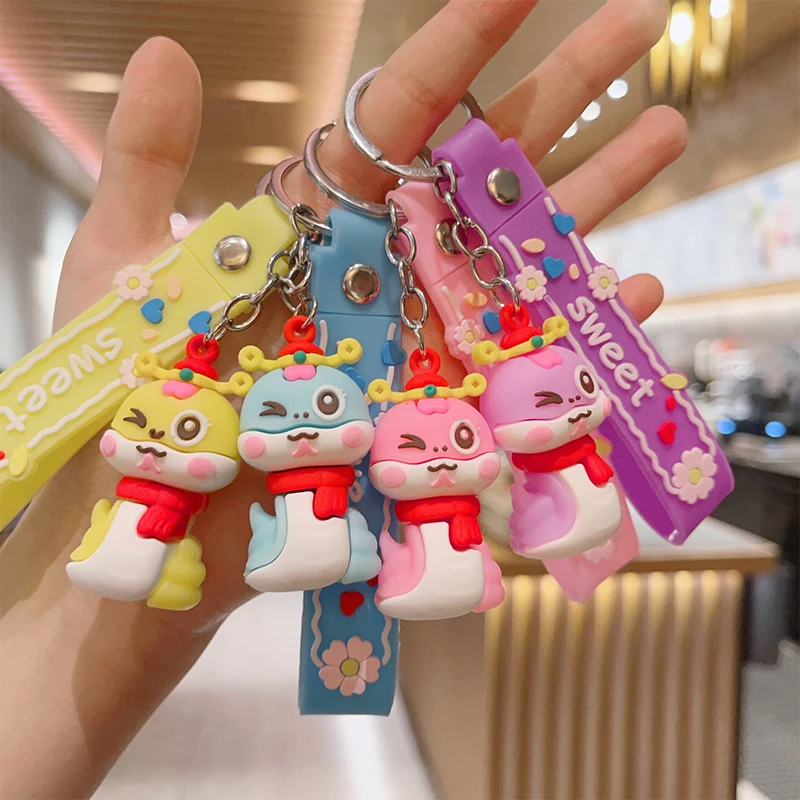 Snake Year Cute Cartoon Car Keychain Pendant Backpack Decoration Jewelry PVC Soft Rubber Key Ring Kids Gifts