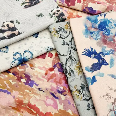 0.5m/1m/2m Oriental Aesthetic Elements Printed Encrypted Cotton Linen Fabric for Tablecloth Sofa Cover Curtain Decorative Cloth