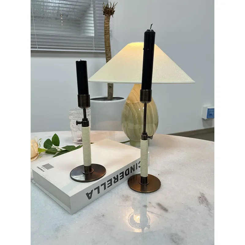 Vintage Brass Candle Holder Adjustable Height Retro Metal Candlestick Stand Home Decor Living Room Villa Model Room Ornament