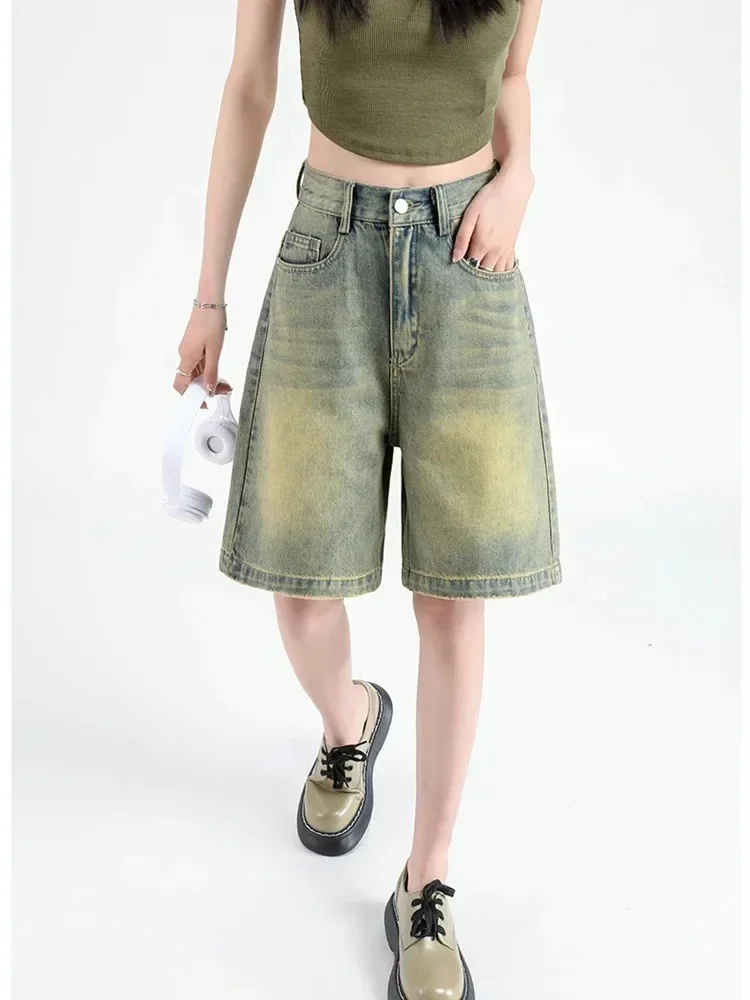 Women's Retro Sweet Cool Style High Waisted Denim Shorts, New Summer Korean Fashion Casual Versatile Women Street Wide Leg Pants