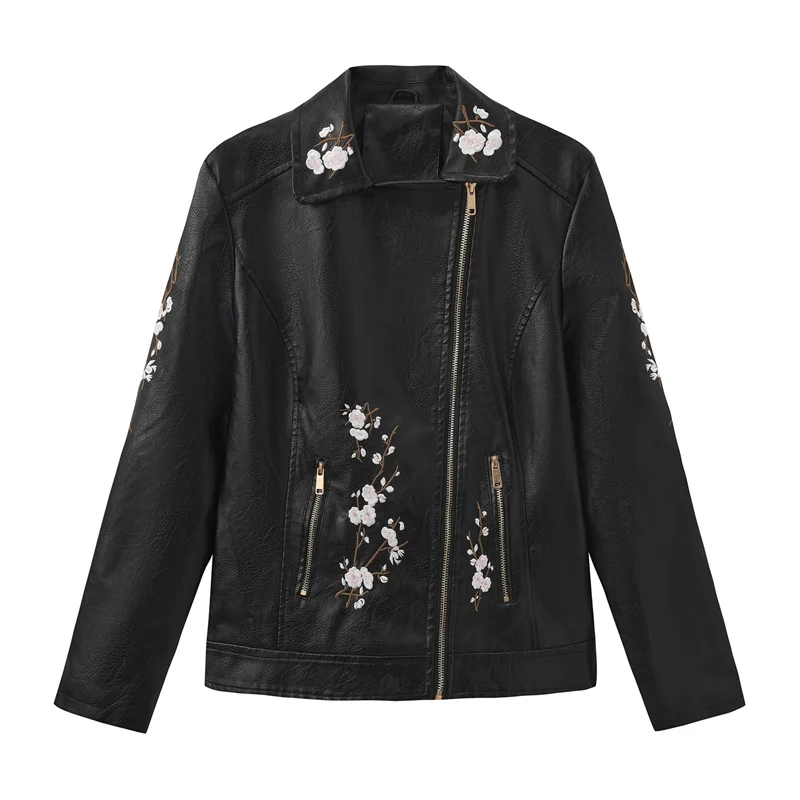 2025 Streetwear Giacca corta in pelle ricamata Cappotti in PU da donna Primavera Autunno Zipper-up Moto Biker Capispalla Giacche di grandi dimensioni
