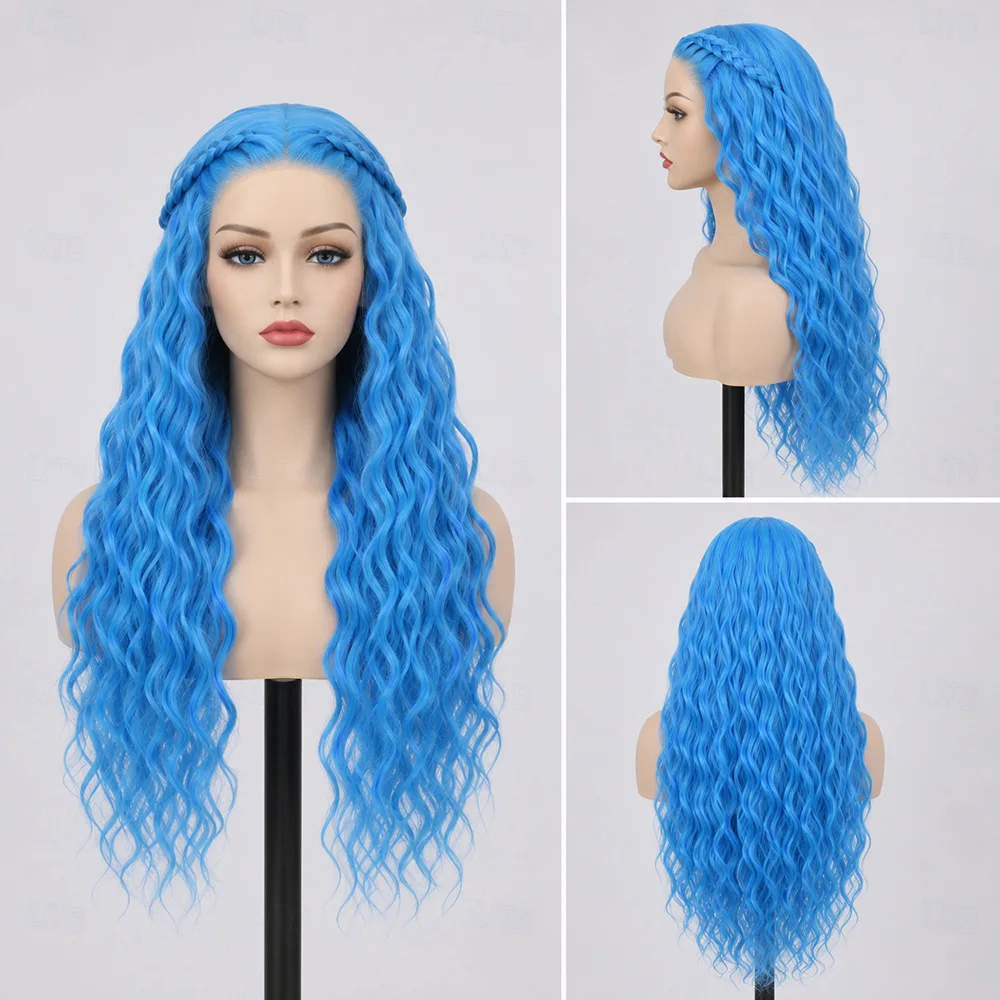 Synthetic Hair Fantasy Villain Heir Princess Long Wavy Blue Braided Cosplay Descendants Wicked Wonderland Halloween Wig for Girl