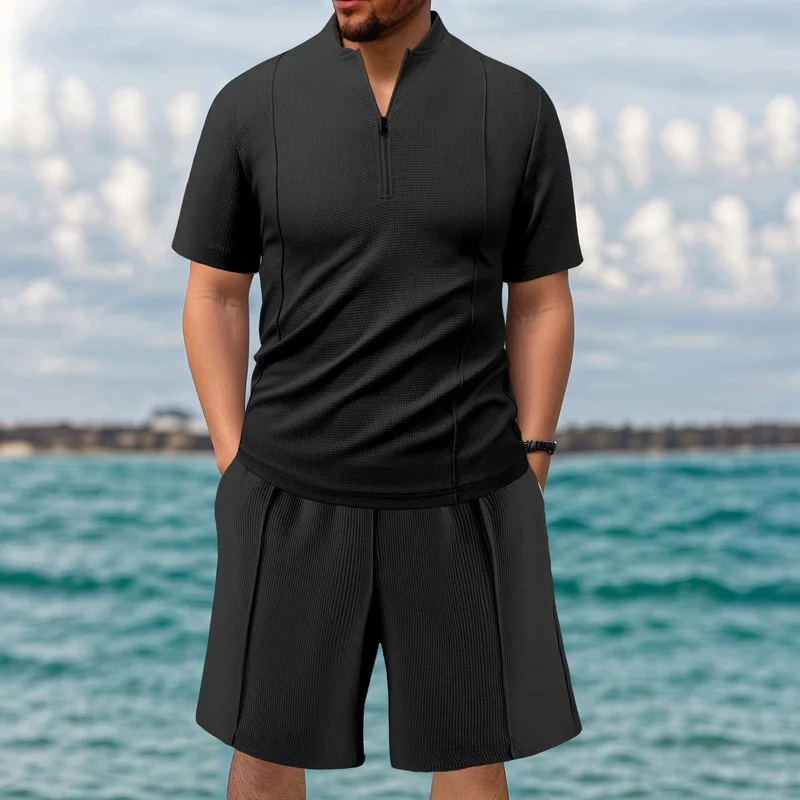 

Men's Summer Waffle Shirt Short Sleeve Casual Loose Elastic Breathable Sports Two-Piece Set