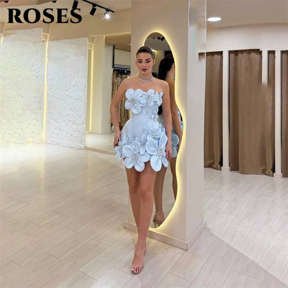ROSES Blue Evening Gown Strapless Prom Dress Sleeveless Wedding Evening Dress with Flowers and Pearls robes de soirée Customized image 2