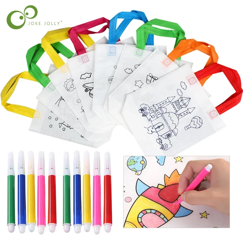 

20pcs DIY Graffiti Bag with Coloring Markers Handmade Painting Non-Woven Bags for Children Arts Crafts Color Filling Drawing Toy