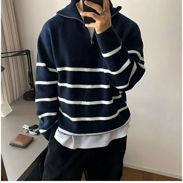 

Повседневный свободный мужской вязаный свитер на молнии, осень-зима, новый полосатый воротник-стойка, длинный све, эластичная молодежная одежда