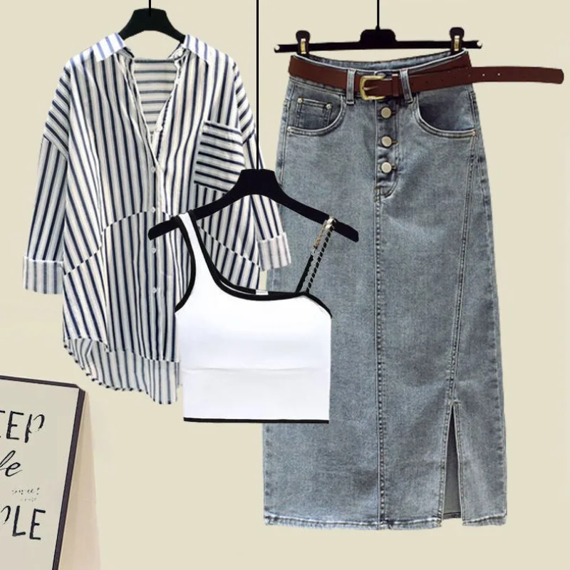 Spring/Summer Set Women\'s New Fashionable Striped Shirt with Hanging Straps and Denim Skirt to Reduce Age Three Piece Set