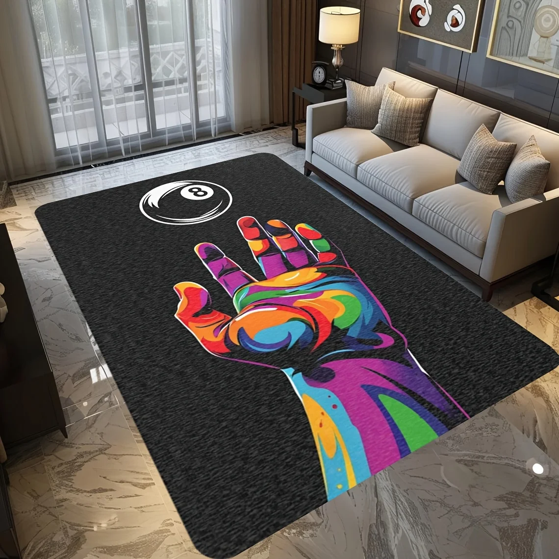 Black billiard pattern Flannel-printed floor mats are slip-resistant Suitable for living room bedroom terrace garden carpets