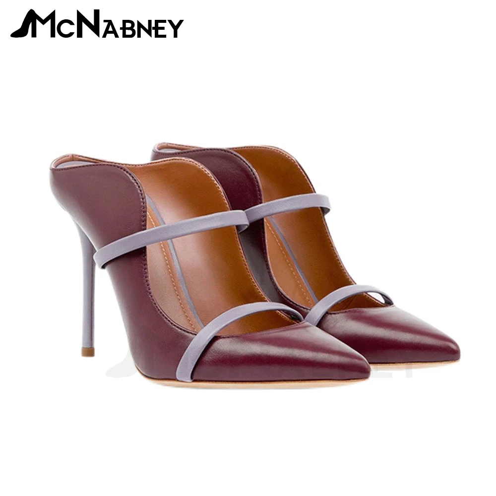 Color Block Leather Slippers Pointed Toe Stiletto Mules for Women Elegant High Heels Luxury Style Designer Multicolor Sandals