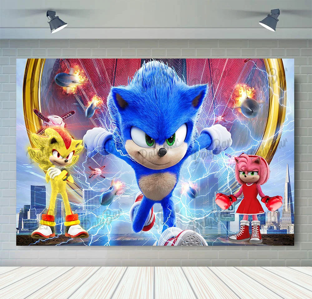 Running Hero Speed Hedgehog Sonic Photography Backdrop Boys Birthday Cartoon Photo Background Red Blue Vinyl Polyester Props