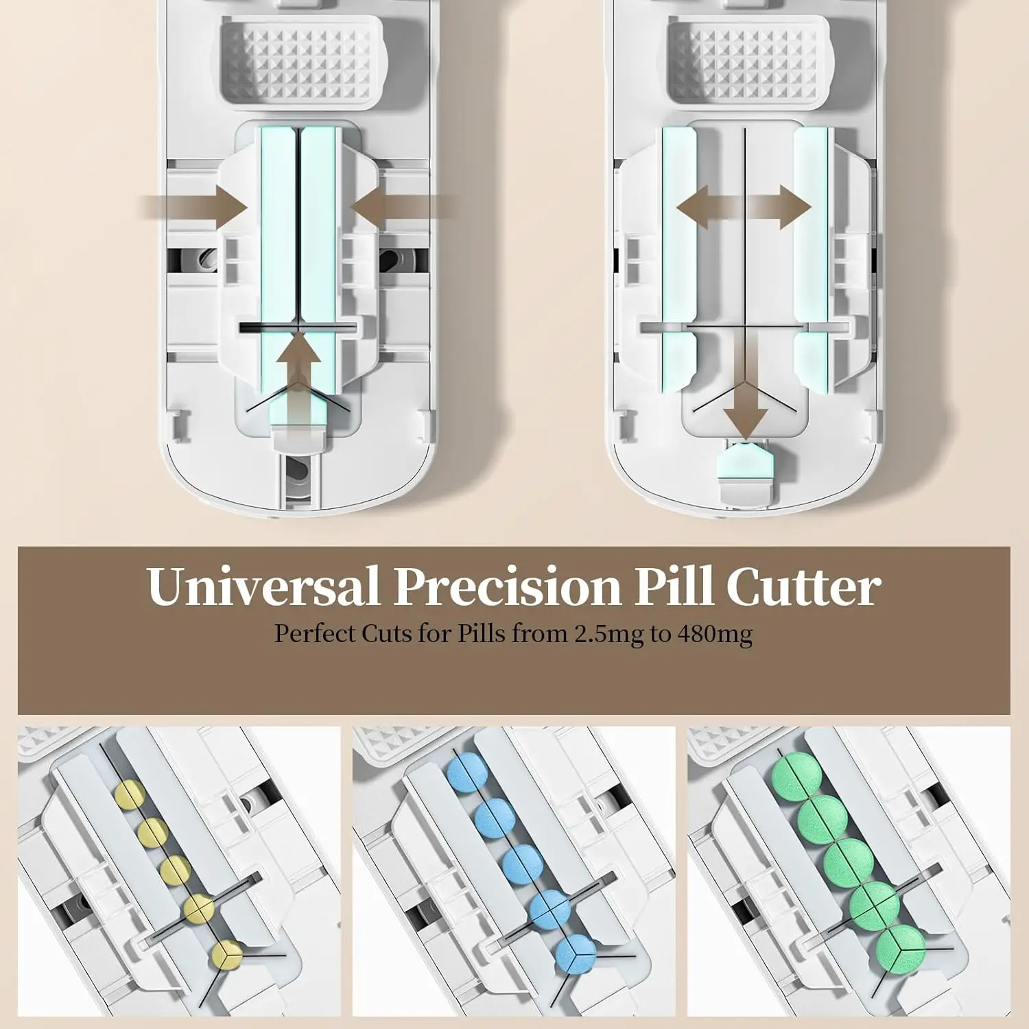 Portable Daviky Pill Splitter for Small Pills, Accurate 1/2 1/4 Tablet Cutter, Built-in Pill Storage, Compact Design for Elderly