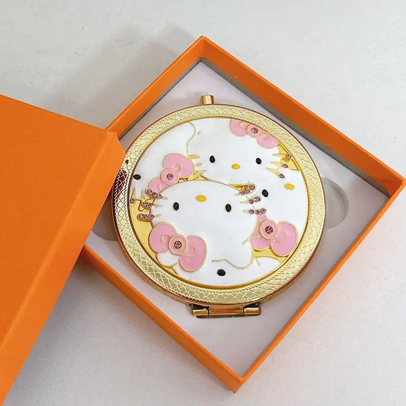 Sanrio Kawaii Hello Kitty กระจกพับนักเรียนแบบพกพากระจกสีทองอะนิเมะอุปกรณ์เสริมหอพักแต่งหน้ากระจกของขวัญ