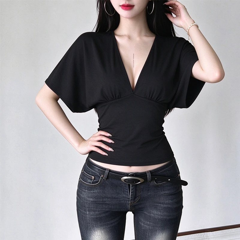 Ladies Black V Neck Top Short Sleeve Deep Cut Fitted Date Night Evening Summer Holiday Party Chic Trendy