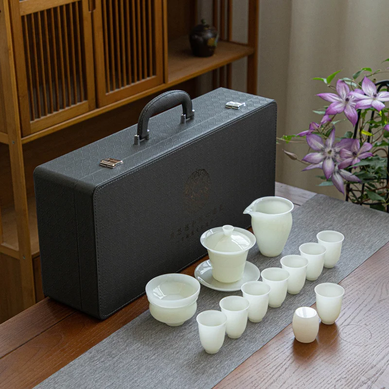 Ice Jade Tea Set High-end Gift Box Dehua Kung Fu Tea Set Complete Office Reception Tea Brewing Gaiwan Tea Cup