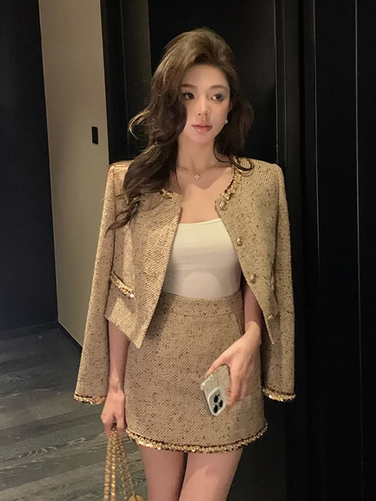 Women Outfits Fashion Vintage Jacket Coat + Skirt Two Piece Suits High Quality French Luxurious Small Fragrance 2 Piece Sets
