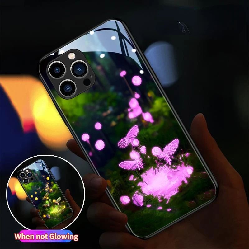 

Butterflies Colorful LED Light Glow Luminous Tempered Glass Phone Case for Samsung S24 S22 S23 Note 10 20 A14 A54 A73 Plus Ultra