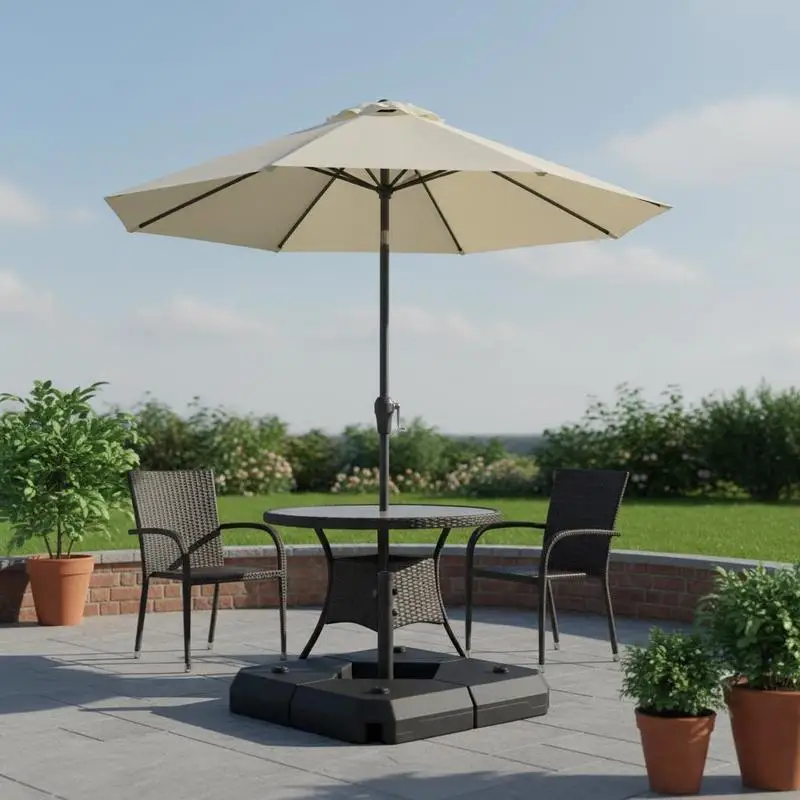 

Parasol base, fillable with water or sand, up to 60 kg, 4-piece set. Parasol base made of HDPE, black.