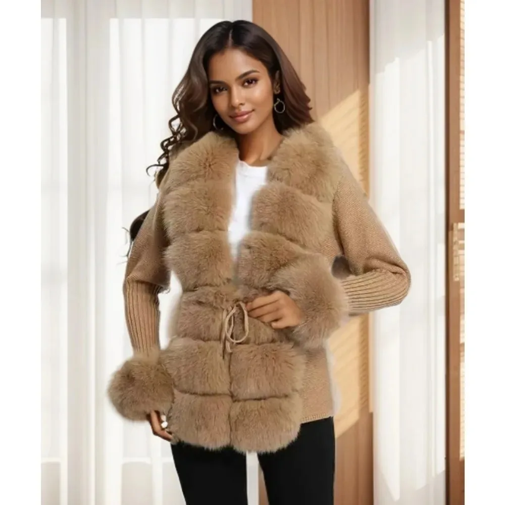 Autumn-winter Women\'s Fur Coat Luxury Patchwork Knitted Sweater Bandage Fur Cardigan Detachable Collar Jacket Fur Coat