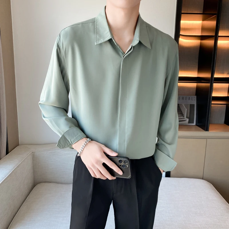 Summer Men's Long Sleeve Ice Silk Shirt Drapey Loose Casual High-End Feeling No Ironing Required Fashionable Youth Popular St...