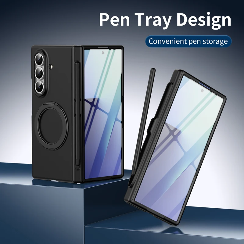 

For Samsung Galaxy Z Fold 7 6 5 4 Case Matte PC Magnetic Rotating Ring Stand Cover for Z Fold6 With Glass With Stylus Pen