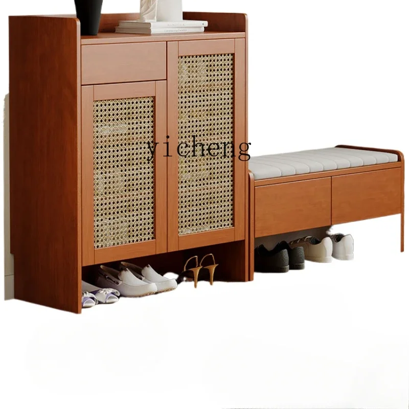 ZWS. Solid wood rattan shoe cabinet shoe stool integrated wall seated multi-layer household locker