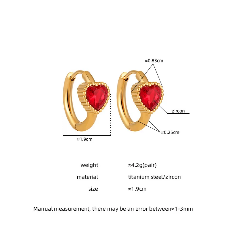 Shiny Red Love Heart Zircon Stainless Steel PVD Gold Plated Hoop Earrings Daily Fashion Accessories Girft for Studendts Women