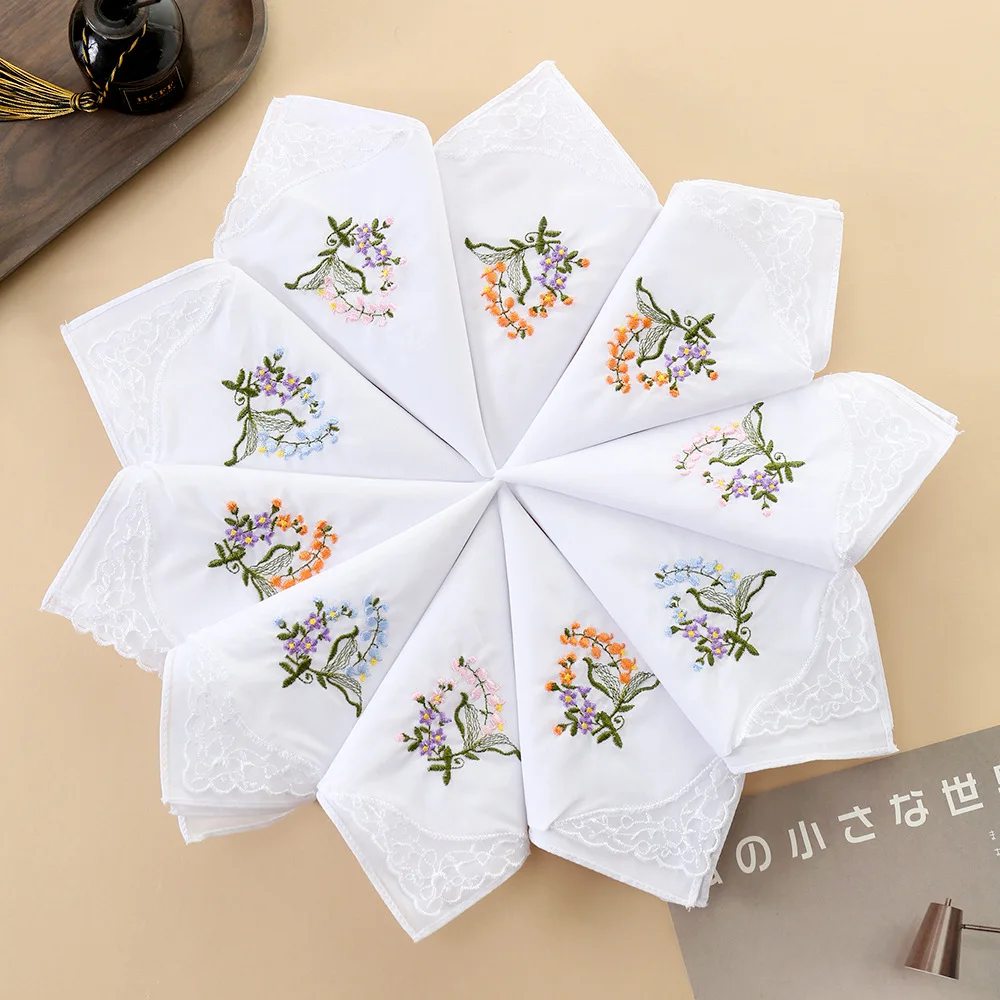 6 قطعة بتمشيط القطن الأبيض خلفية الدانتيل والتطريز منديل صغير منشفة مربعة القطن الخالص لينة التطريز الزفاف 28 سنتيمتر #3
