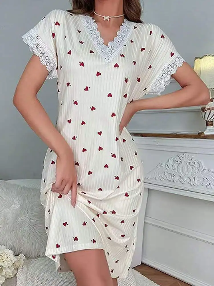 Été nouveau amour coeur imprimé ort Sve rond Ne décontracté Dr maison vêtements Spwear v-ne fermeture éclair coupe ample Polyester