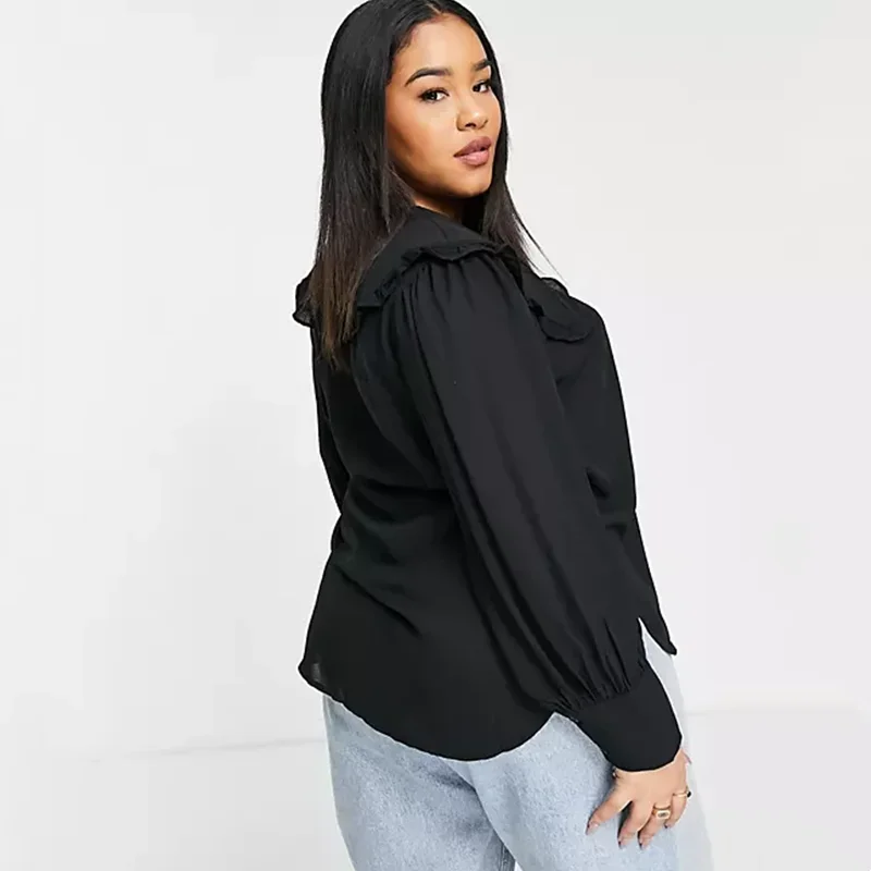 Plus Size Peter Pan Collar Elegant Summer Spring Blouse Shirt Women Long Sleeve Frill Trim Loose Single Breasted Casual Blouse