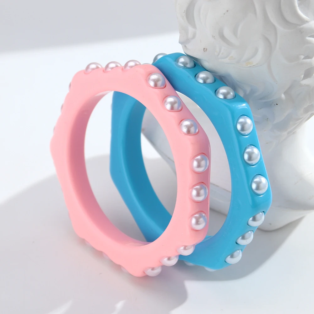 New Pink Blue Hexagon Insert Pearl Beads Bangles Resin Geometric Bangle Bracelets for Women Fashion Jewelry Gifts