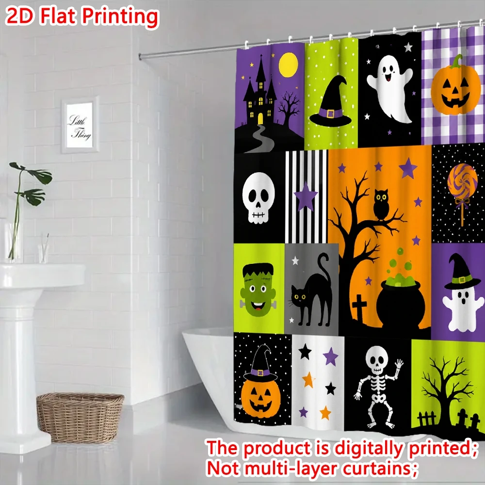 2D Flat, 2D Flat Printing 1pc Halloween Theme Colorful Patchwork Quilt of Spooky Icons Pattern Shower Curtain - All-Season Use,