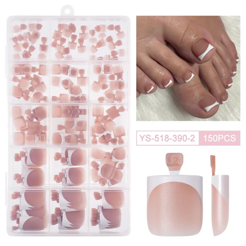 150pcs set de uñas postizas francesas para pies, verano, cortas cuadradas, brillantes, acrílicas de cobertura total, para salón 2