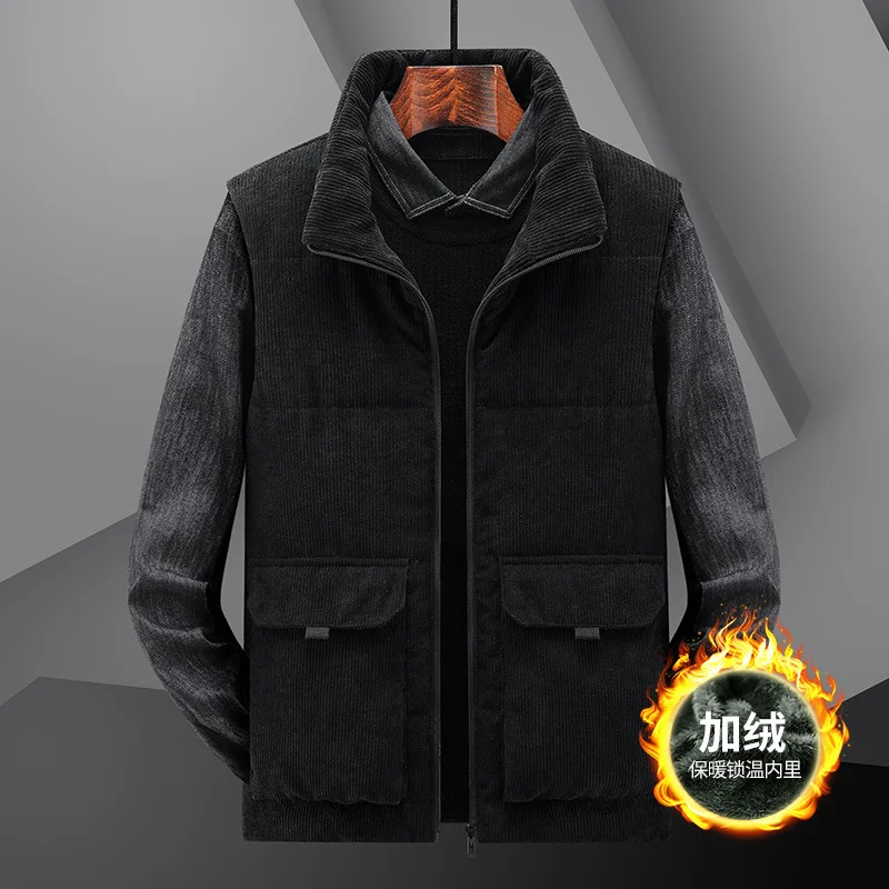 New winter men's corduroy jacket, thickened with added insulation, men's large-sized stand-up collar with multiple pockets